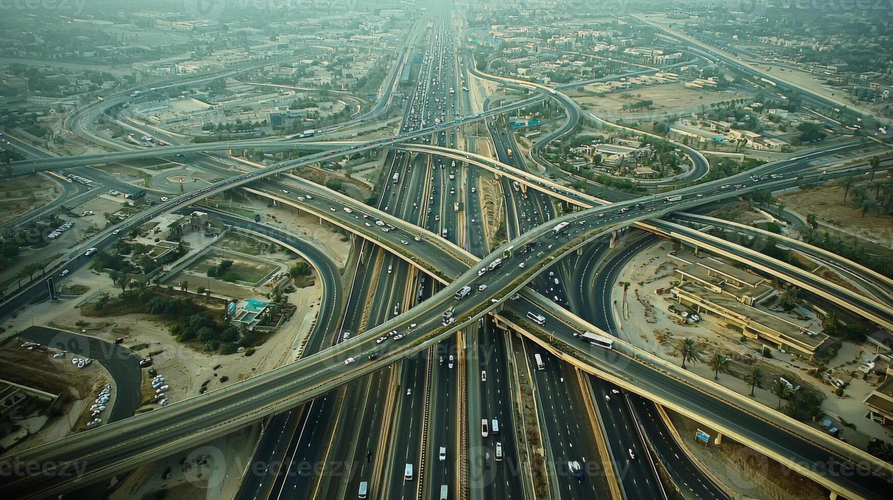 Aerial view of highway road interchange with busy urban traffic speeding on the road photo