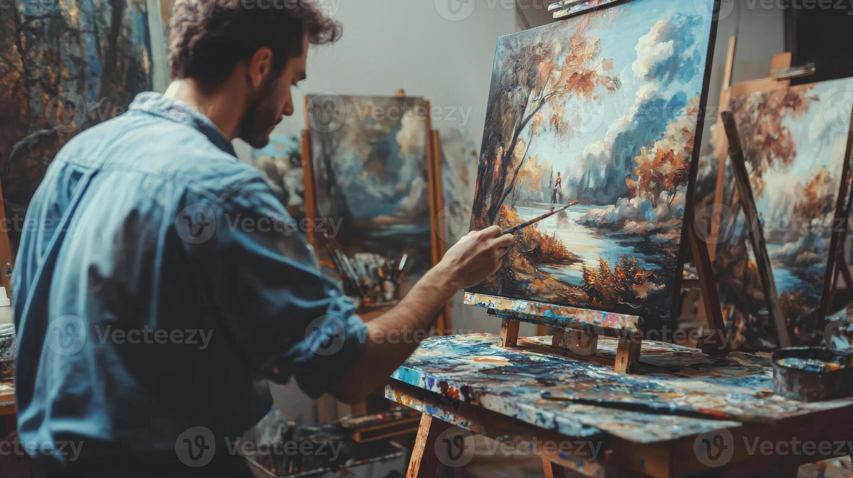 Talented artist painting in studio, using paint brush creates modern masterpiece photo