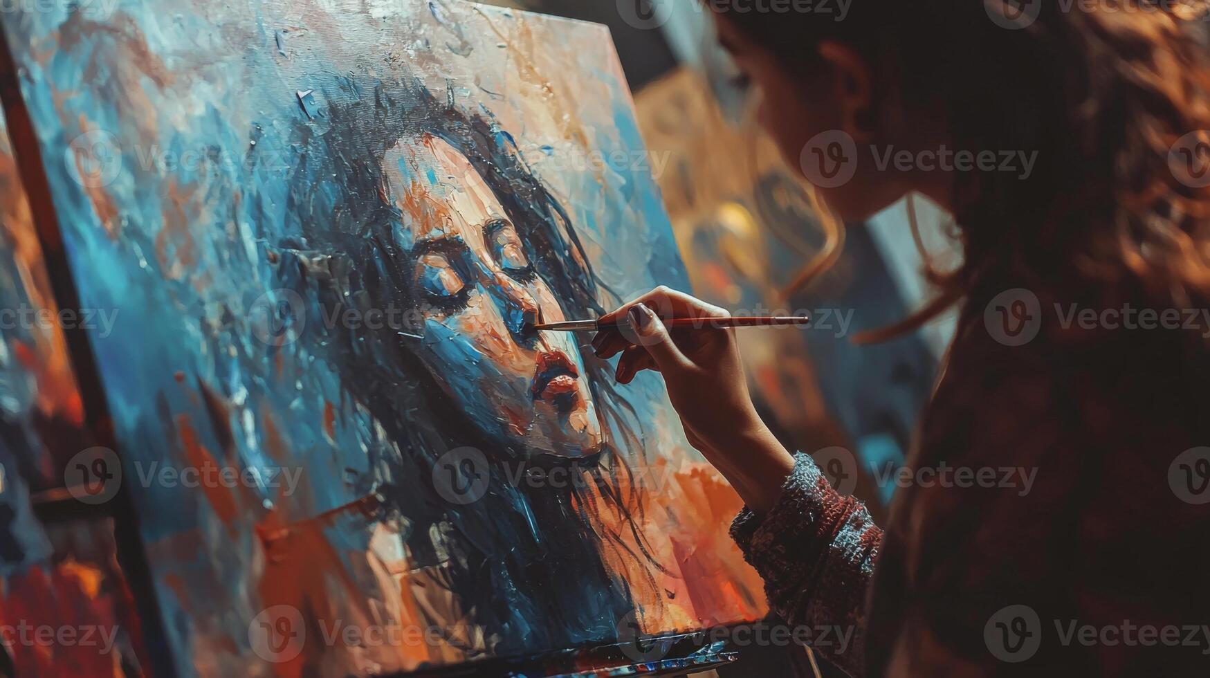Talented artist painting in studio, using paint brush creates modern masterpiece photo