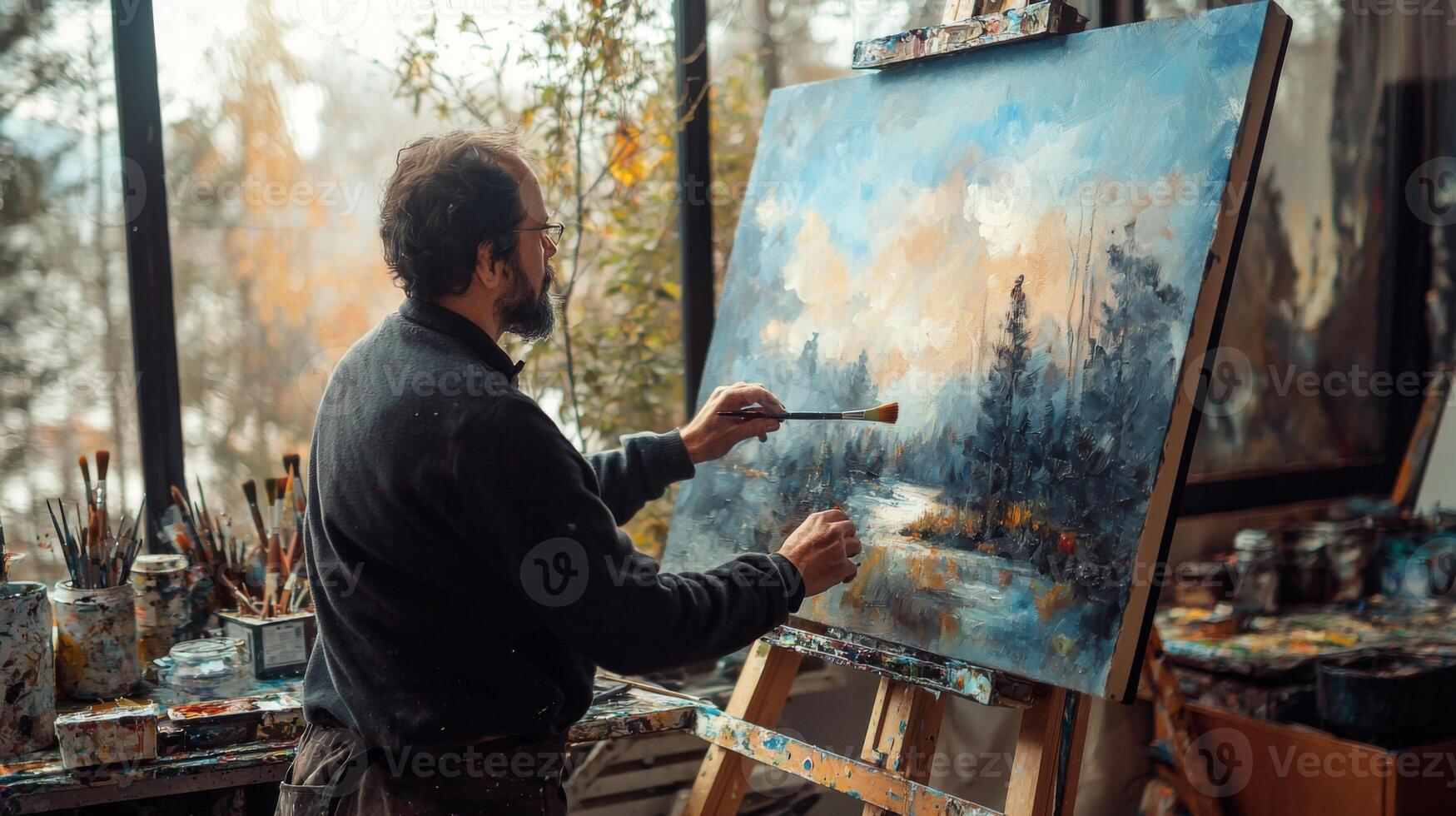 Talented artist painting in studio, using paint brush creates modern masterpiece photo