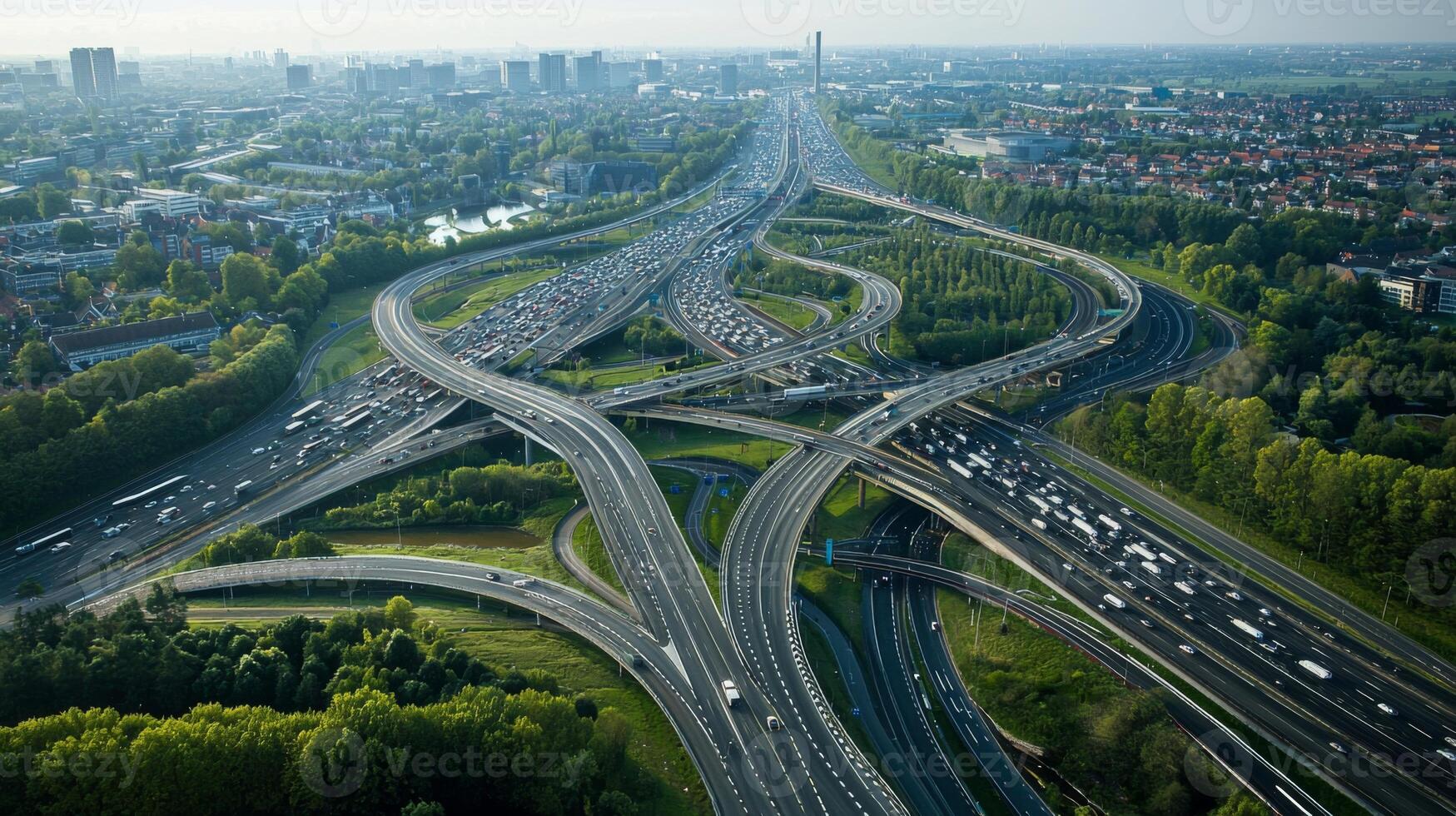 Aerial view of highway road interchange with busy urban traffic speeding on the road photo