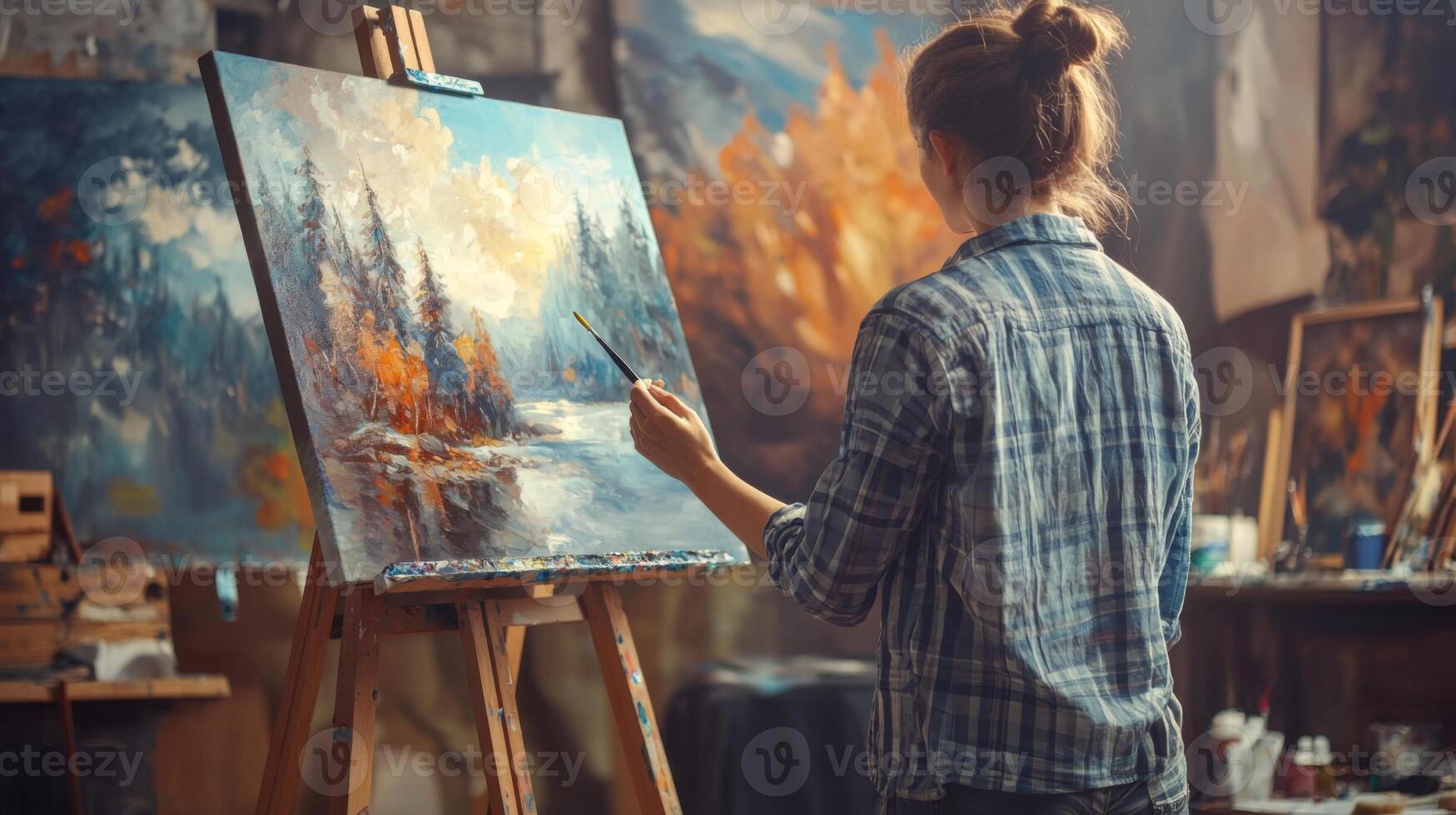 Talented artist painting in studio, using paint brush creates modern masterpiece photo