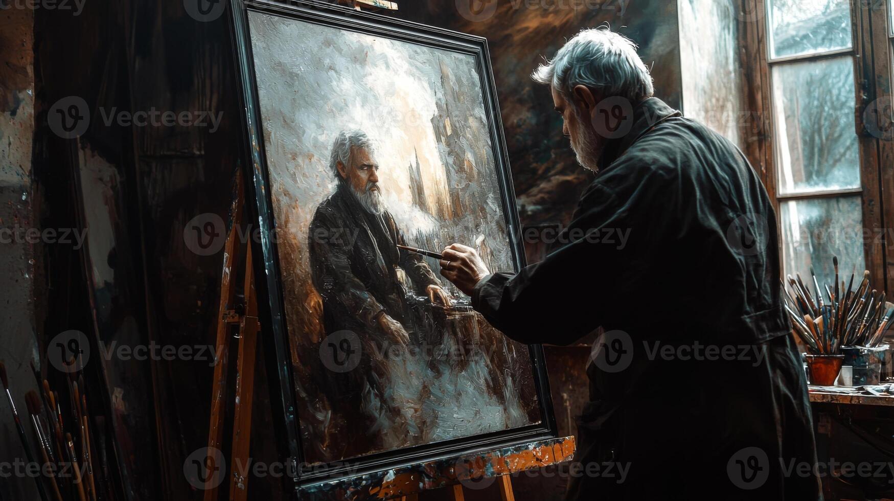 Talented artist painting in studio, using paint brush creates modern masterpiece photo