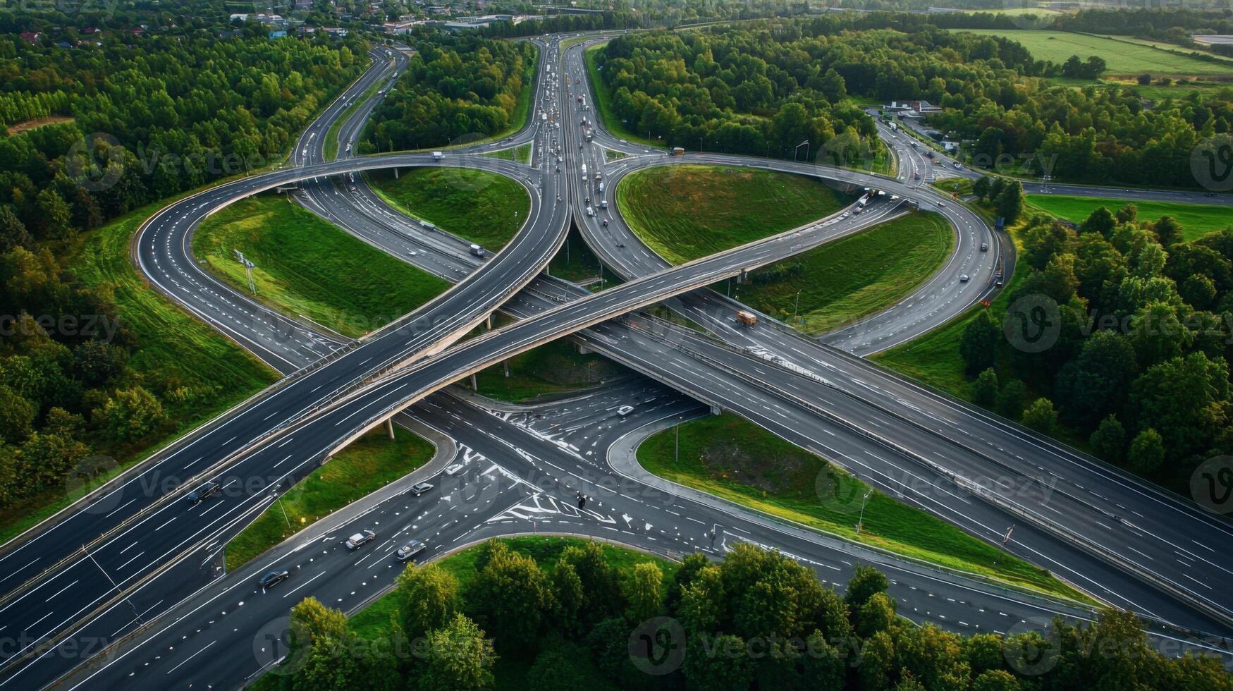 Aerial view of highway road interchange with busy urban traffic speeding on the road photo