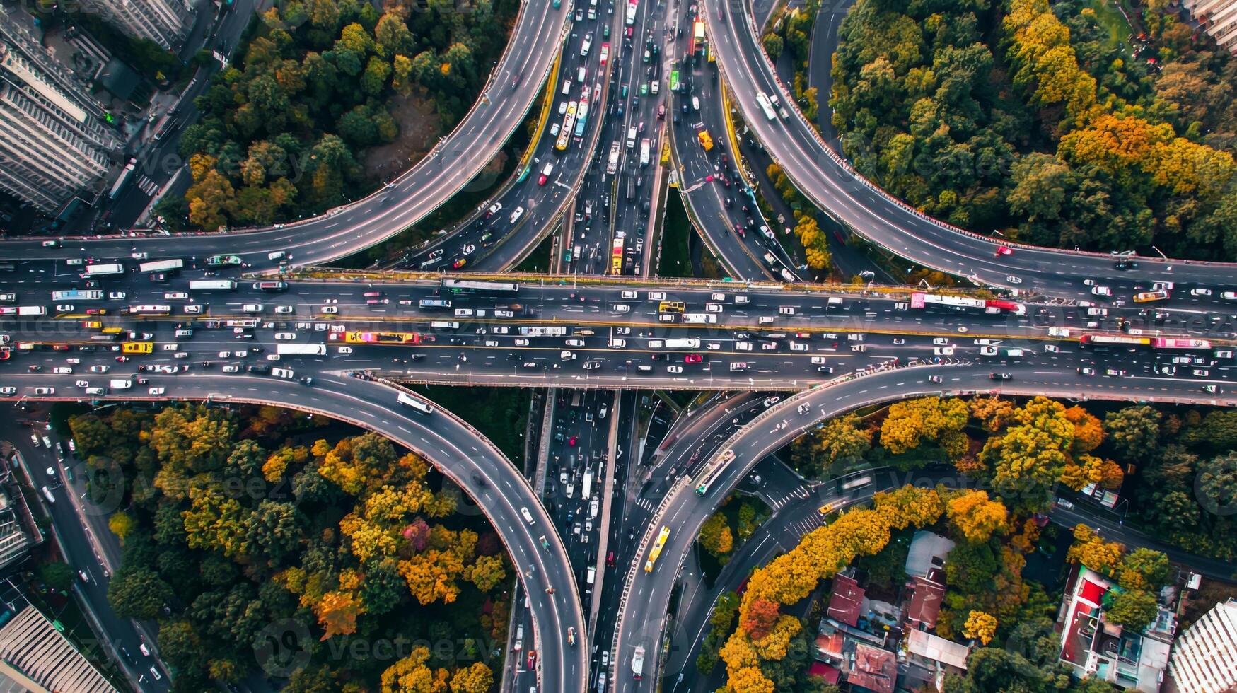 Aerial view of highway road interchange with busy urban traffic speeding on the road photo