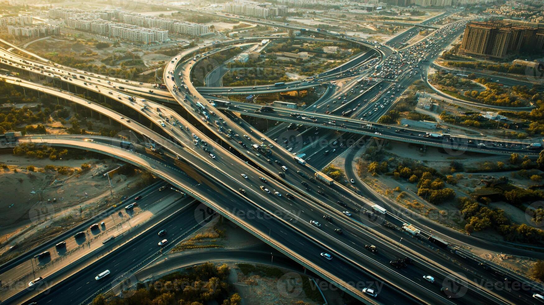 Aerial view of highway road interchange with busy urban traffic speeding on the road photo