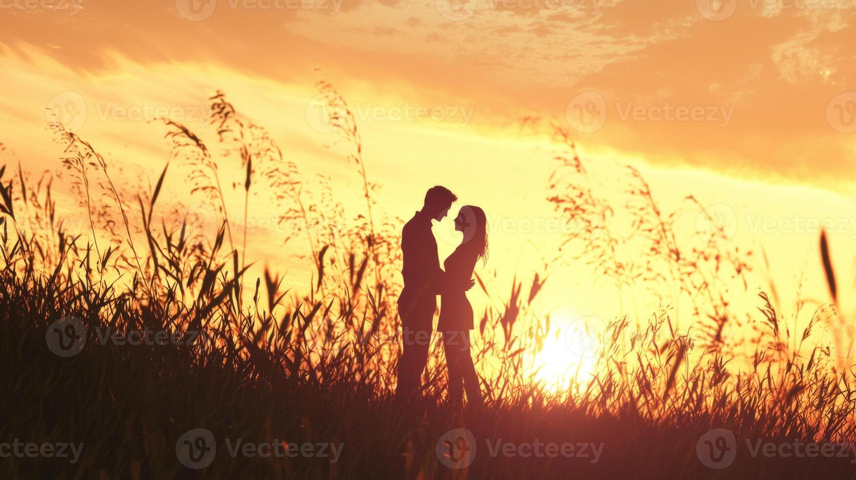 Couple sharing a romantic moment during sunset, captured in a dreamy atmosphere photo