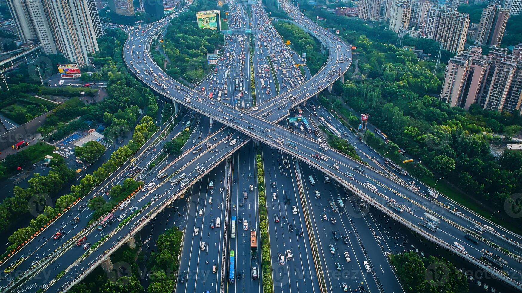 Aerial view of highway road interchange with busy urban traffic speeding on the road photo