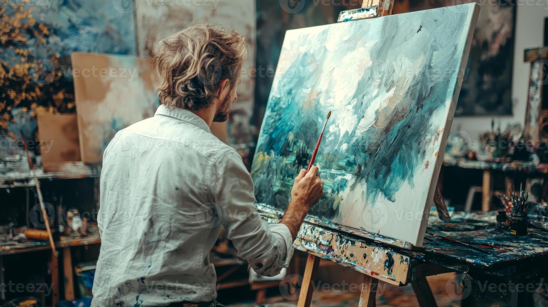 Talented artist painting in studio, using paint brush creates modern masterpiece photo