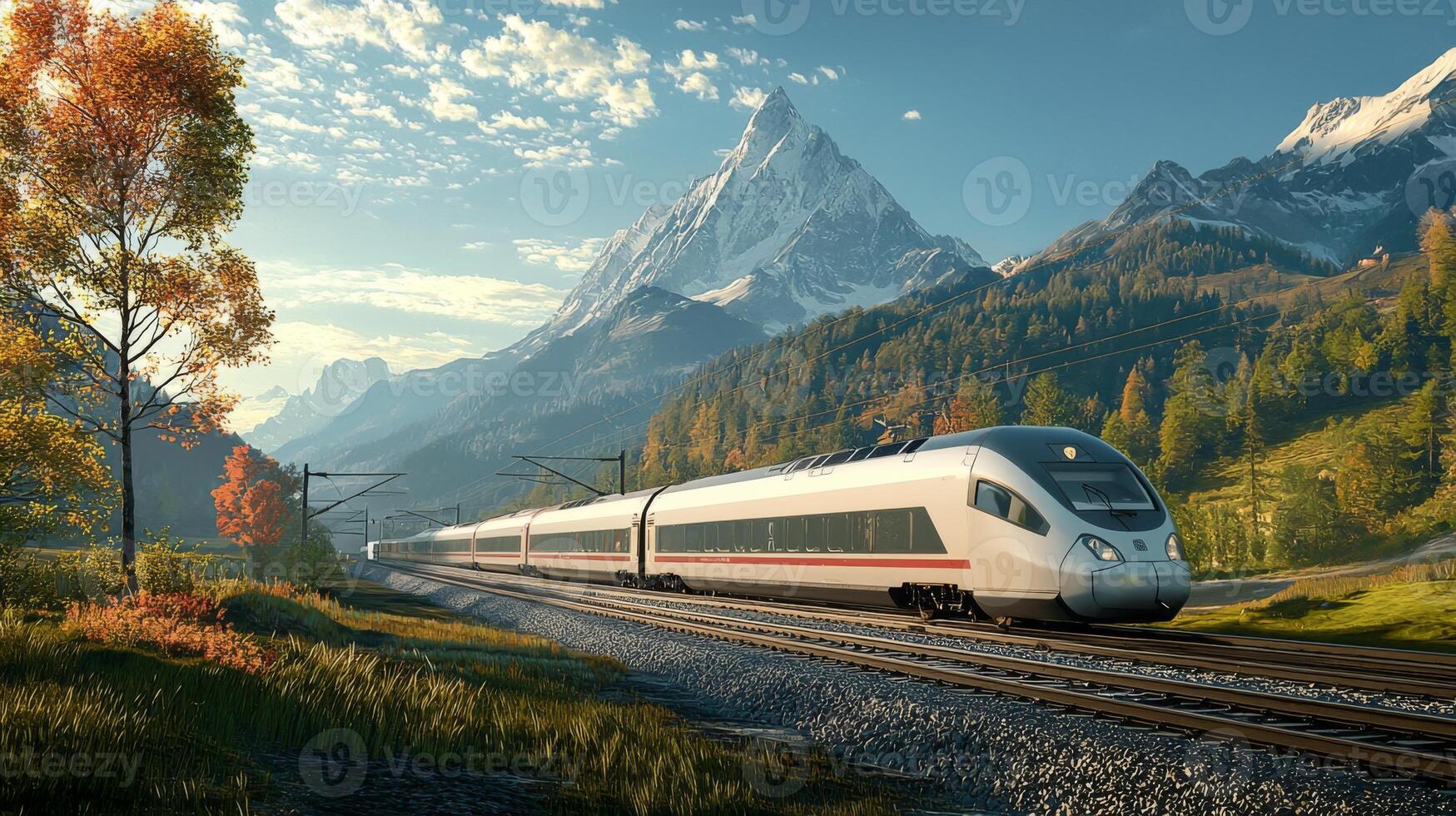 High-speed train traveling through picturesque landscape, representing fast and efficient transport photo