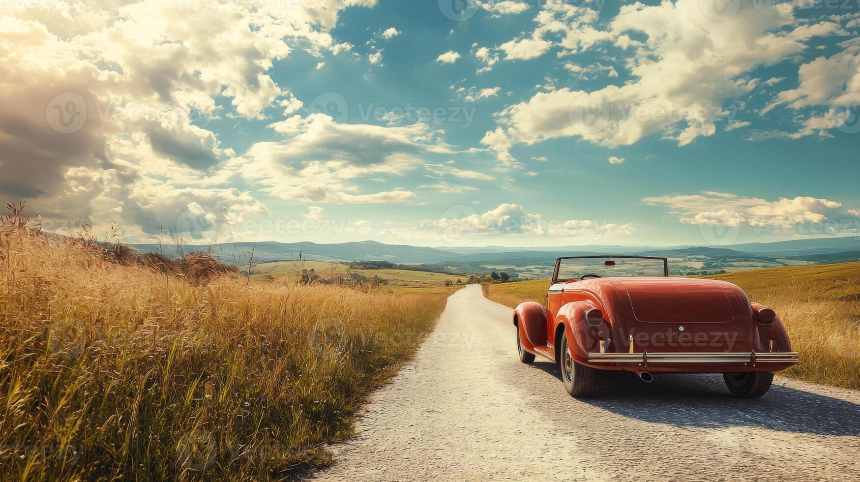 Vintage car parked on scenic country road. Old retro car photo