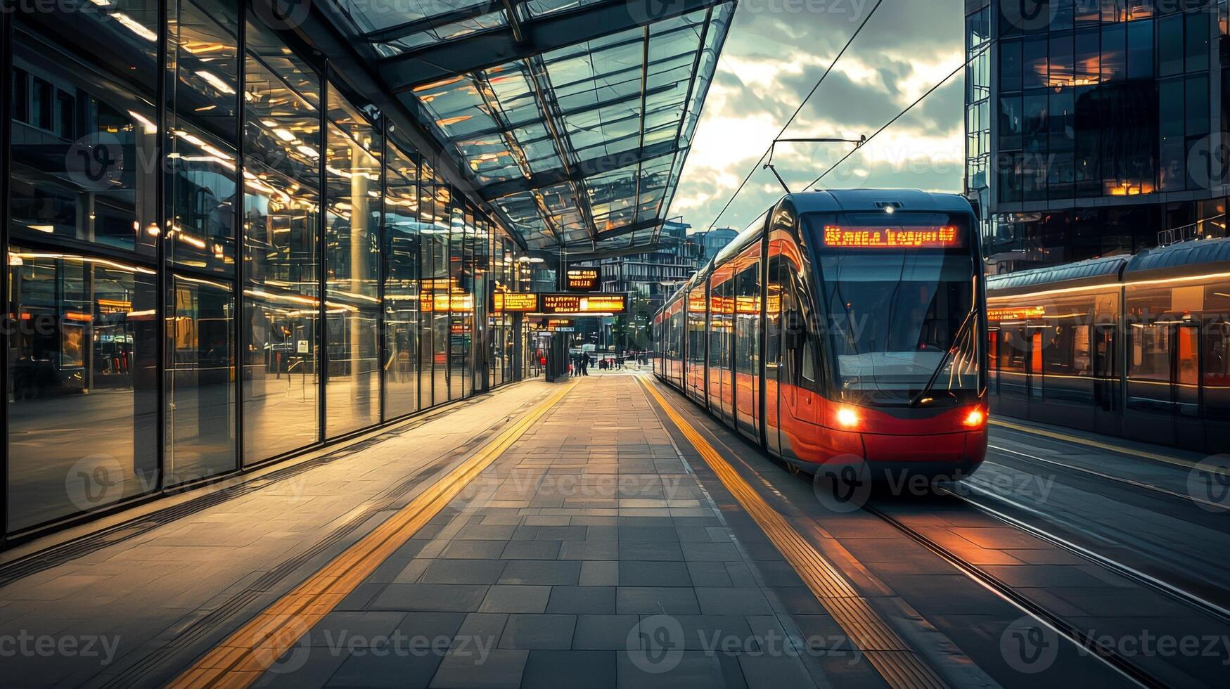 Modern tram or light rail transit. Public transportation systems in urban environments photo