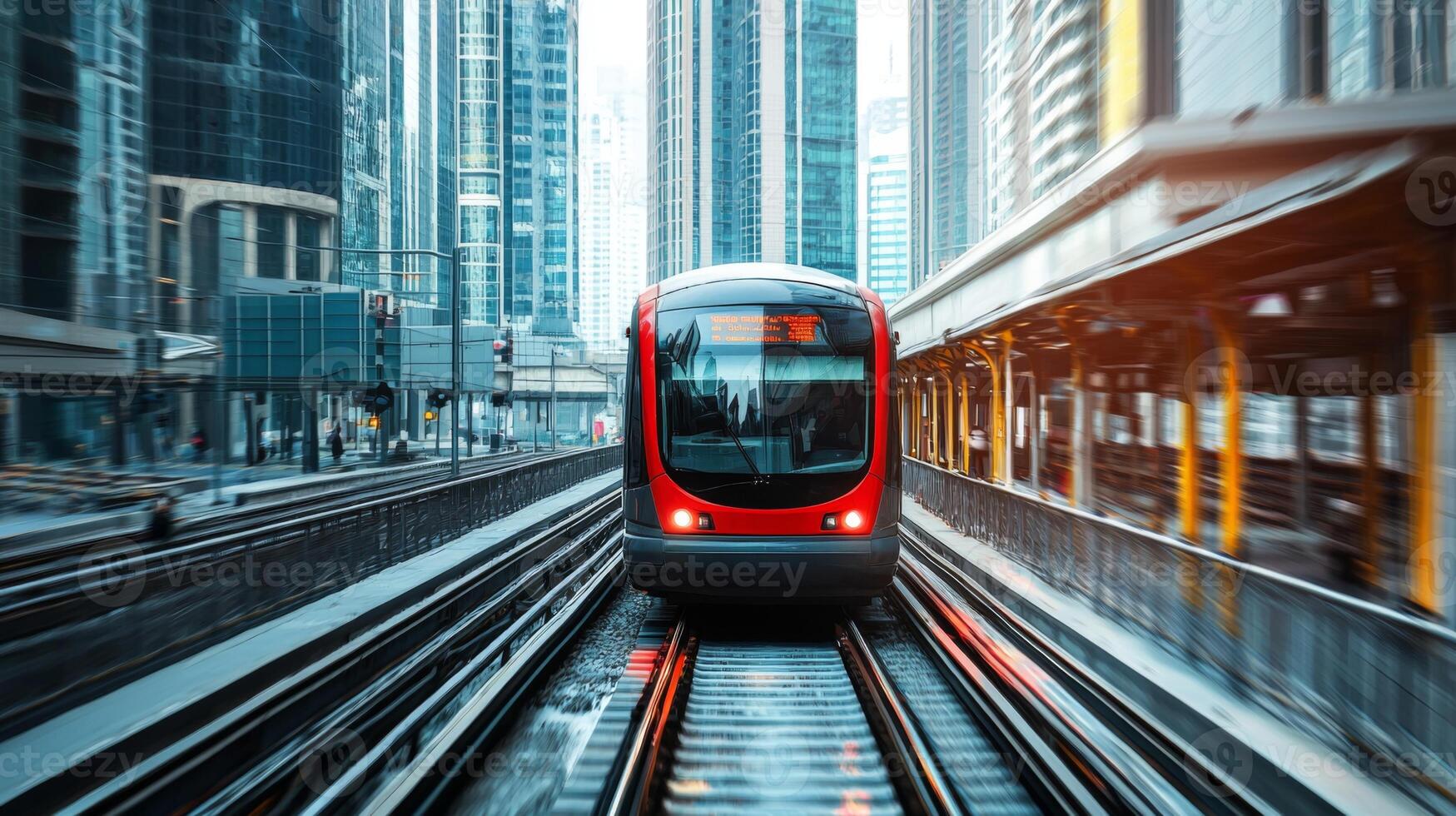 Modern tram or light rail transit. Public transportation systems in urban environments photo
