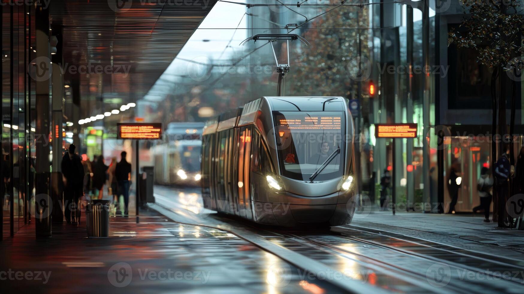 Modern tram or light rail transit. Public transportation systems in urban environments photo