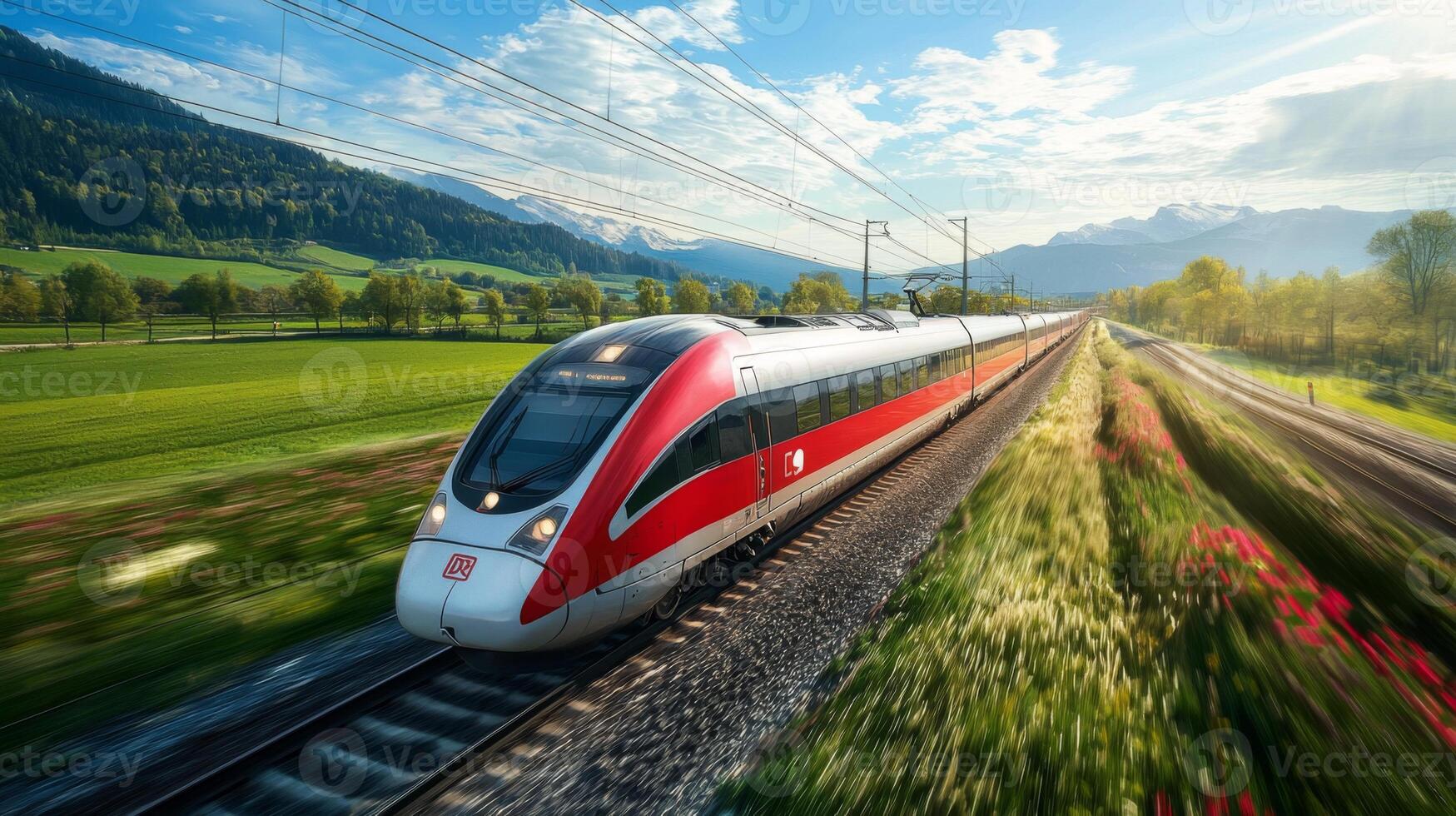 High-speed train traveling through picturesque landscape, representing fast and efficient transport photo