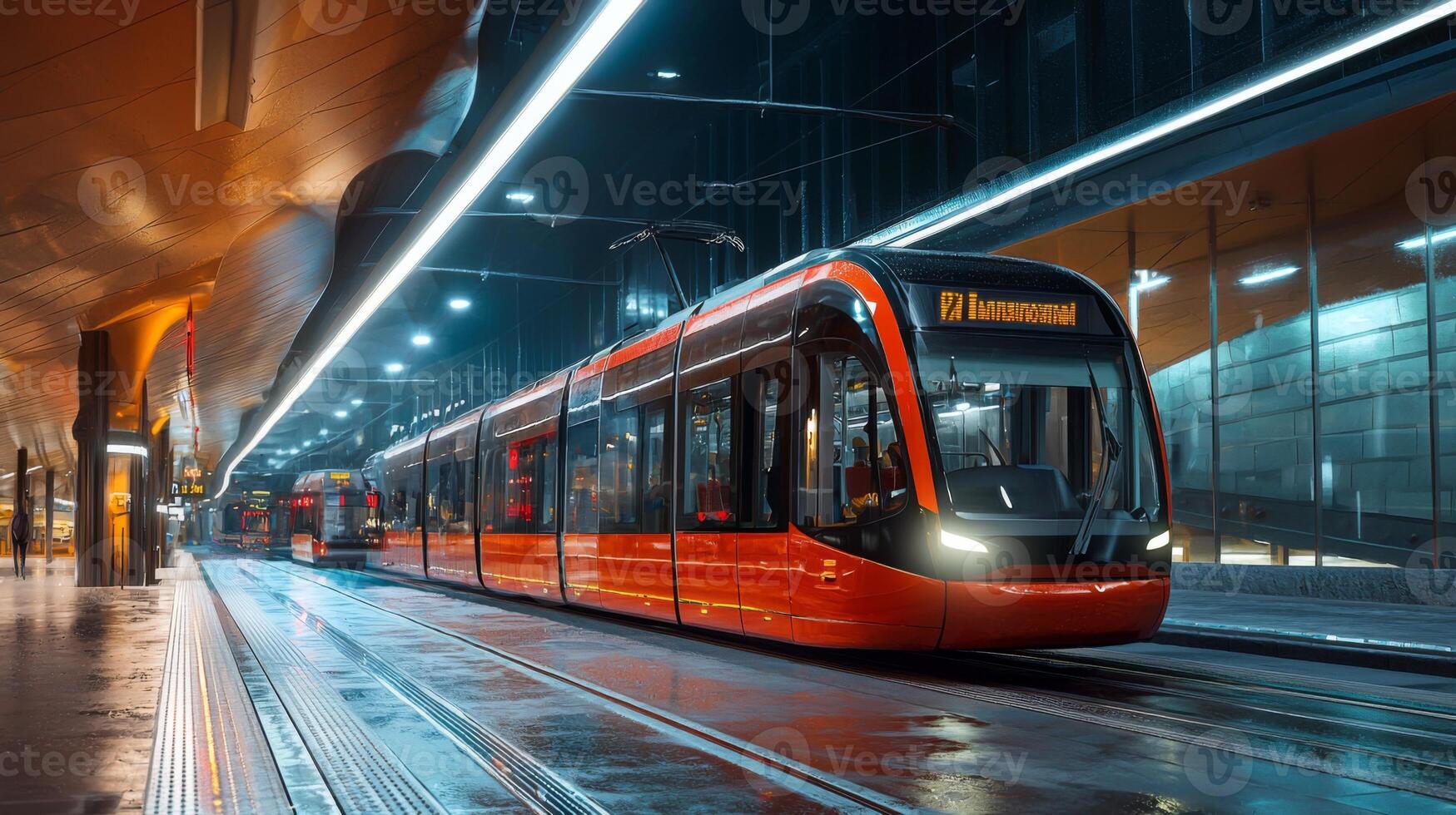 Modern tram or light rail transit. Public transportation systems in urban environments photo