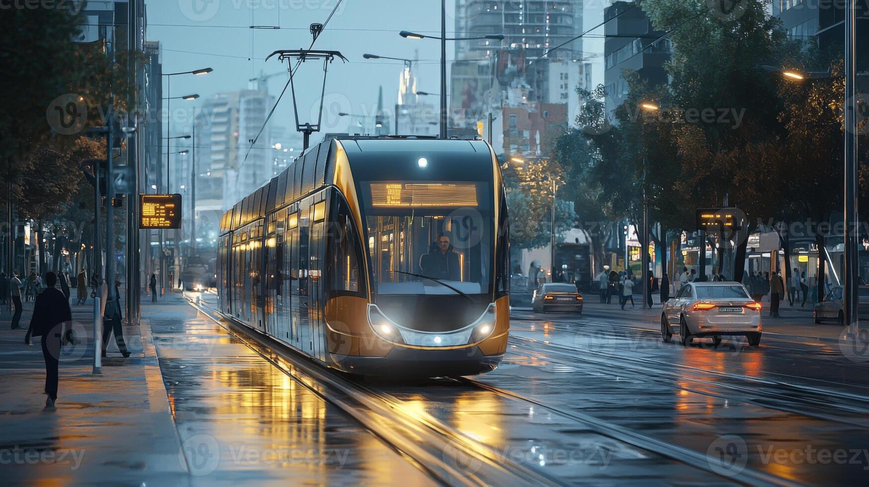 Modern tram or light rail transit. Public transportation systems in urban environments photo