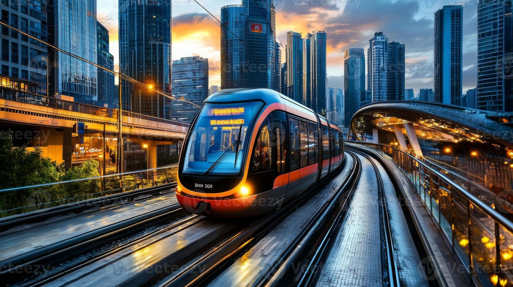 Modern tram or light rail transit. Public transportation systems in urban environments photo