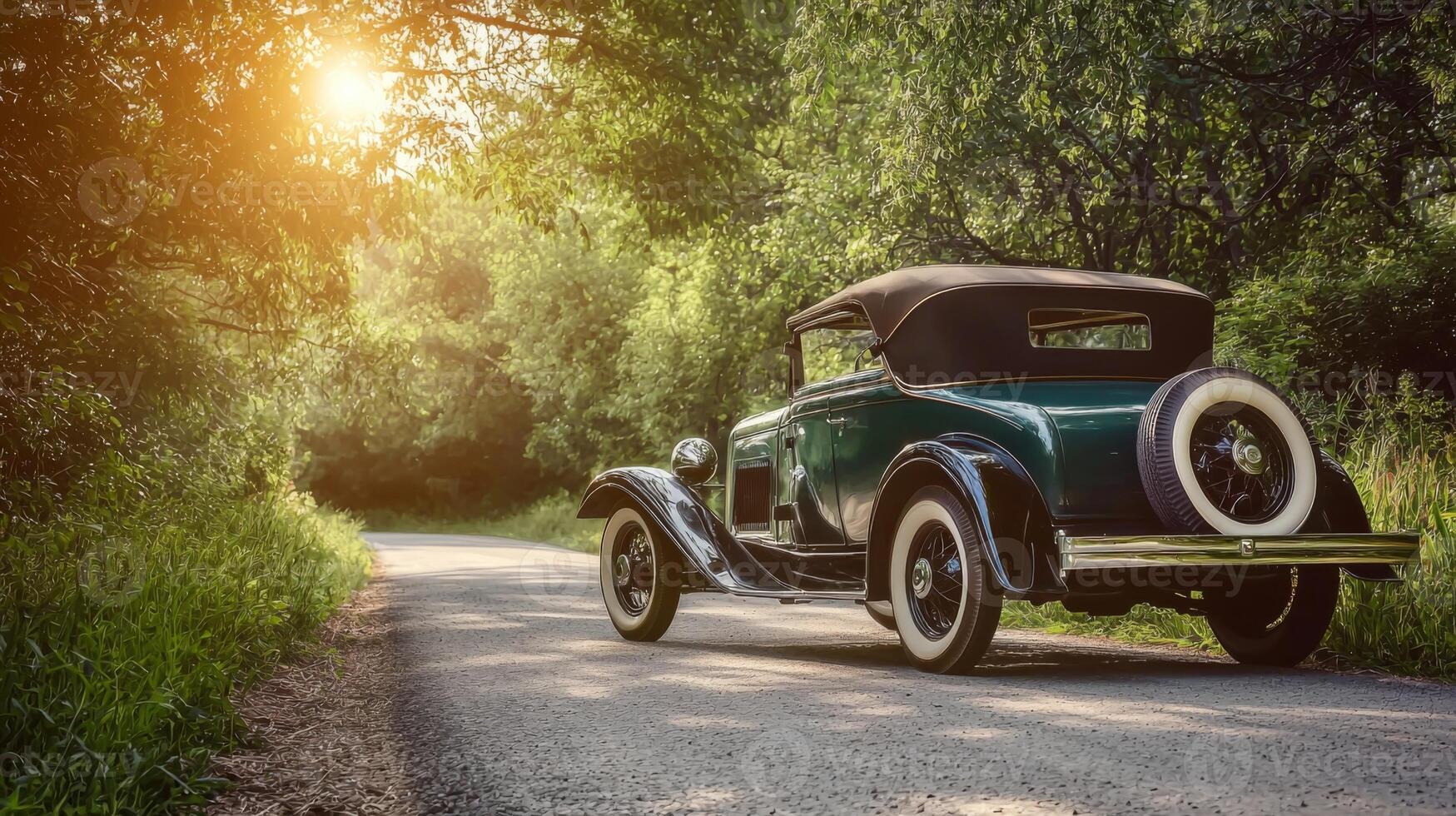 Vintage car parked on scenic country road. Old retro car photo
