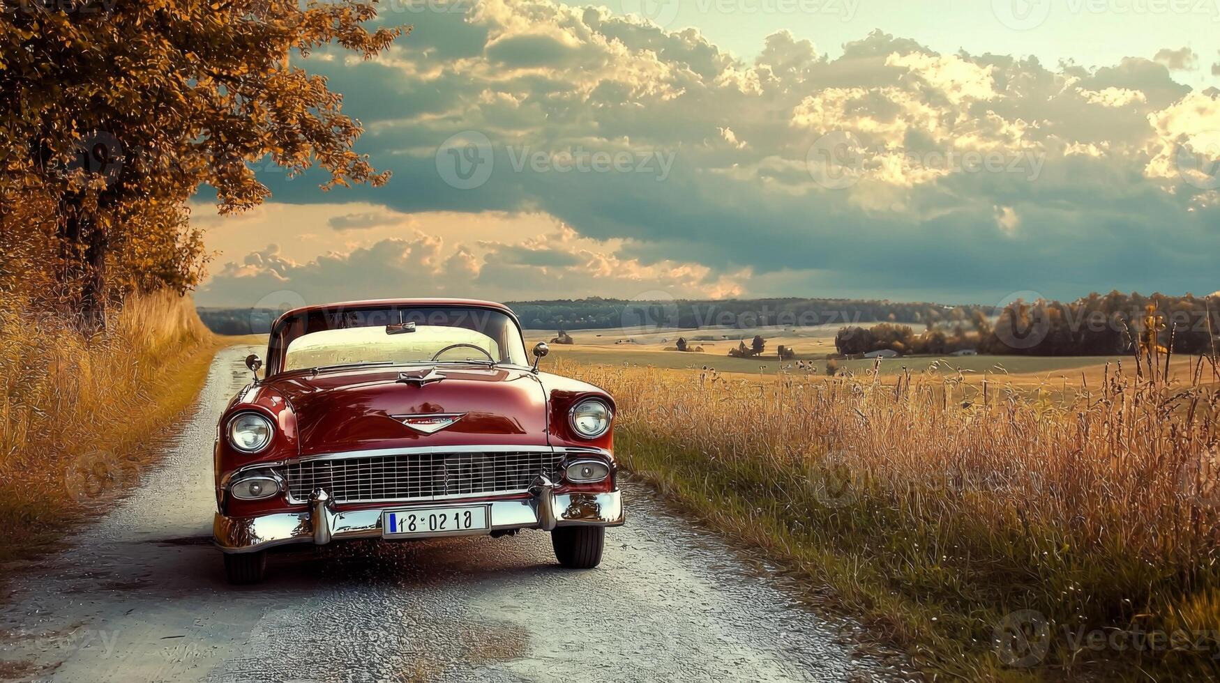 Vintage car parked on scenic country road. Old retro car photo