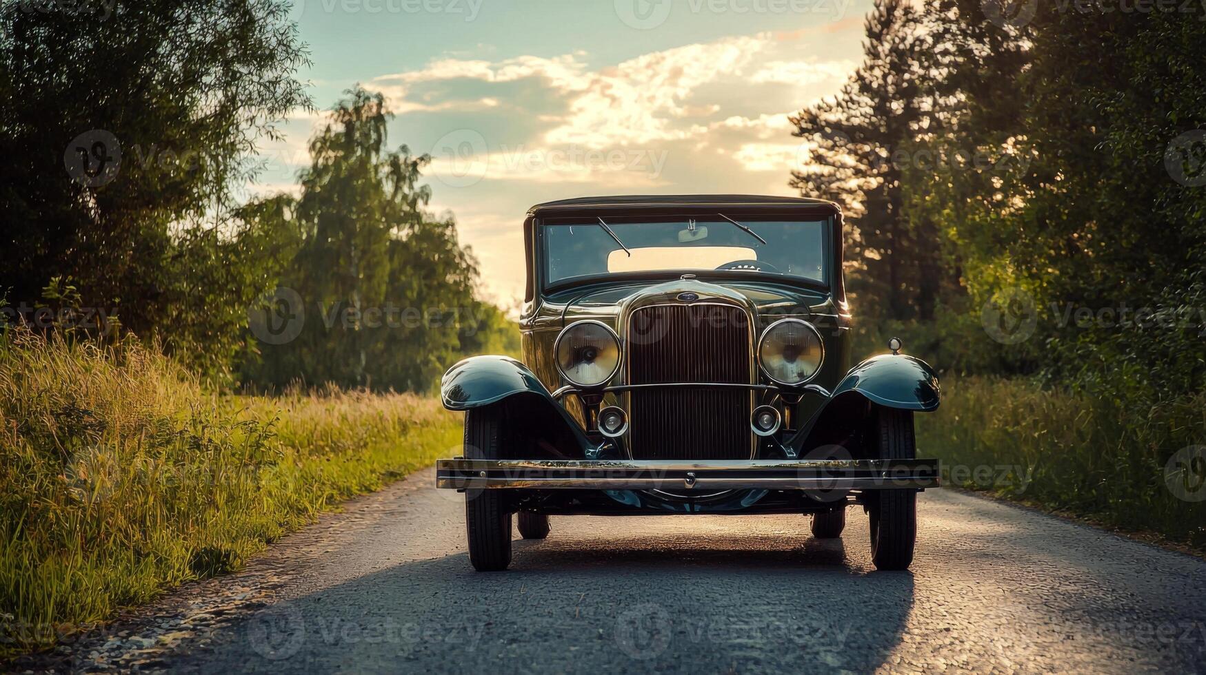 Vintage car parked on scenic country road. Old retro car photo