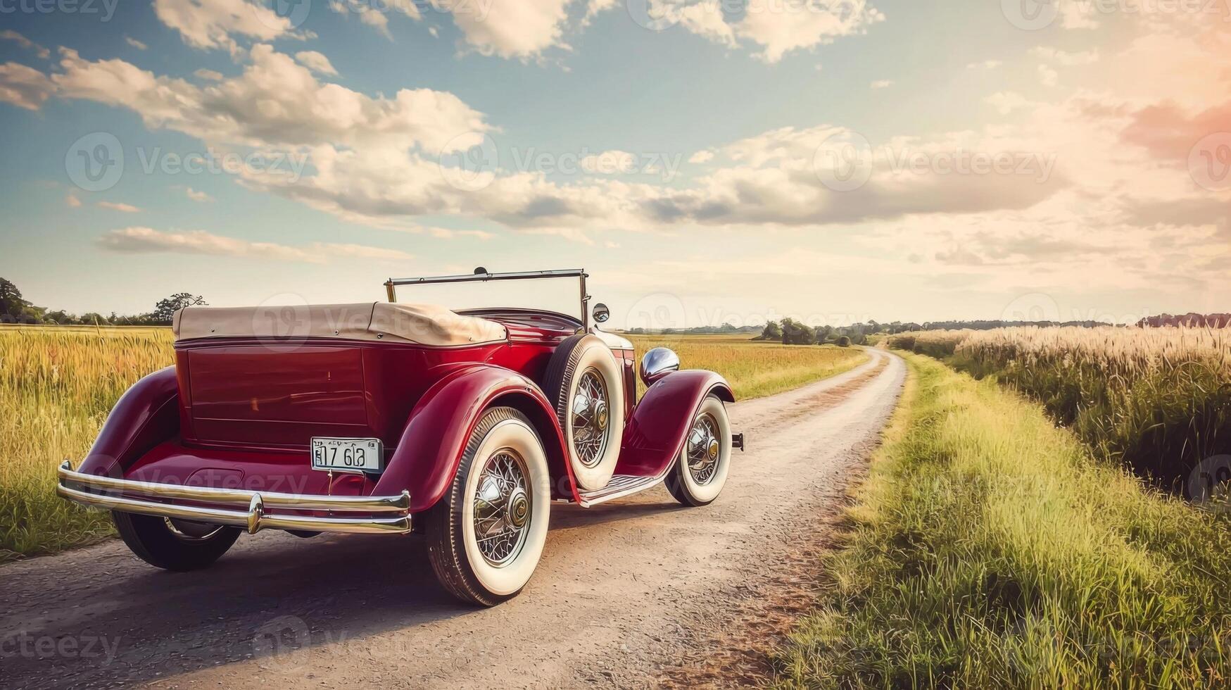 Vintage car parked on scenic country road. Old retro car photo