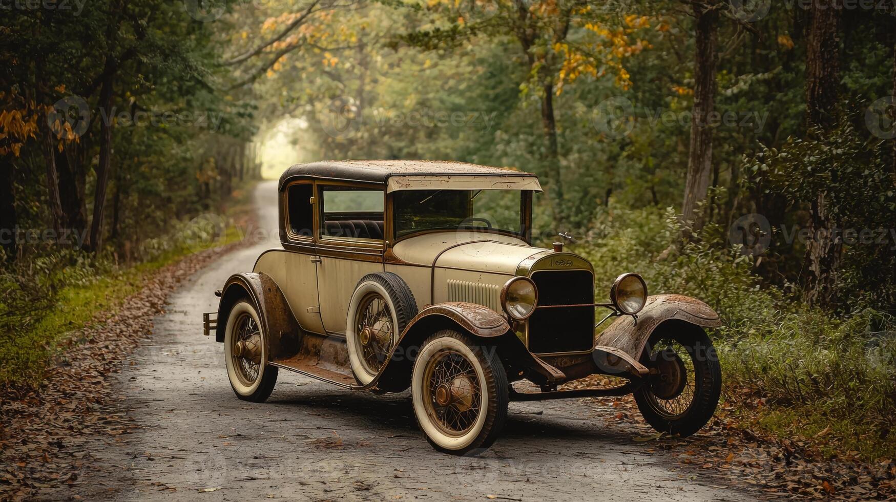 Vintage car parked on scenic country road. Old retro car photo