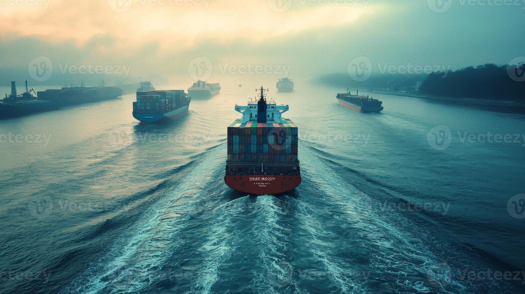 Aerial view cargo ships navigating through busy shipping channel. Global flow of goods and commerce photo