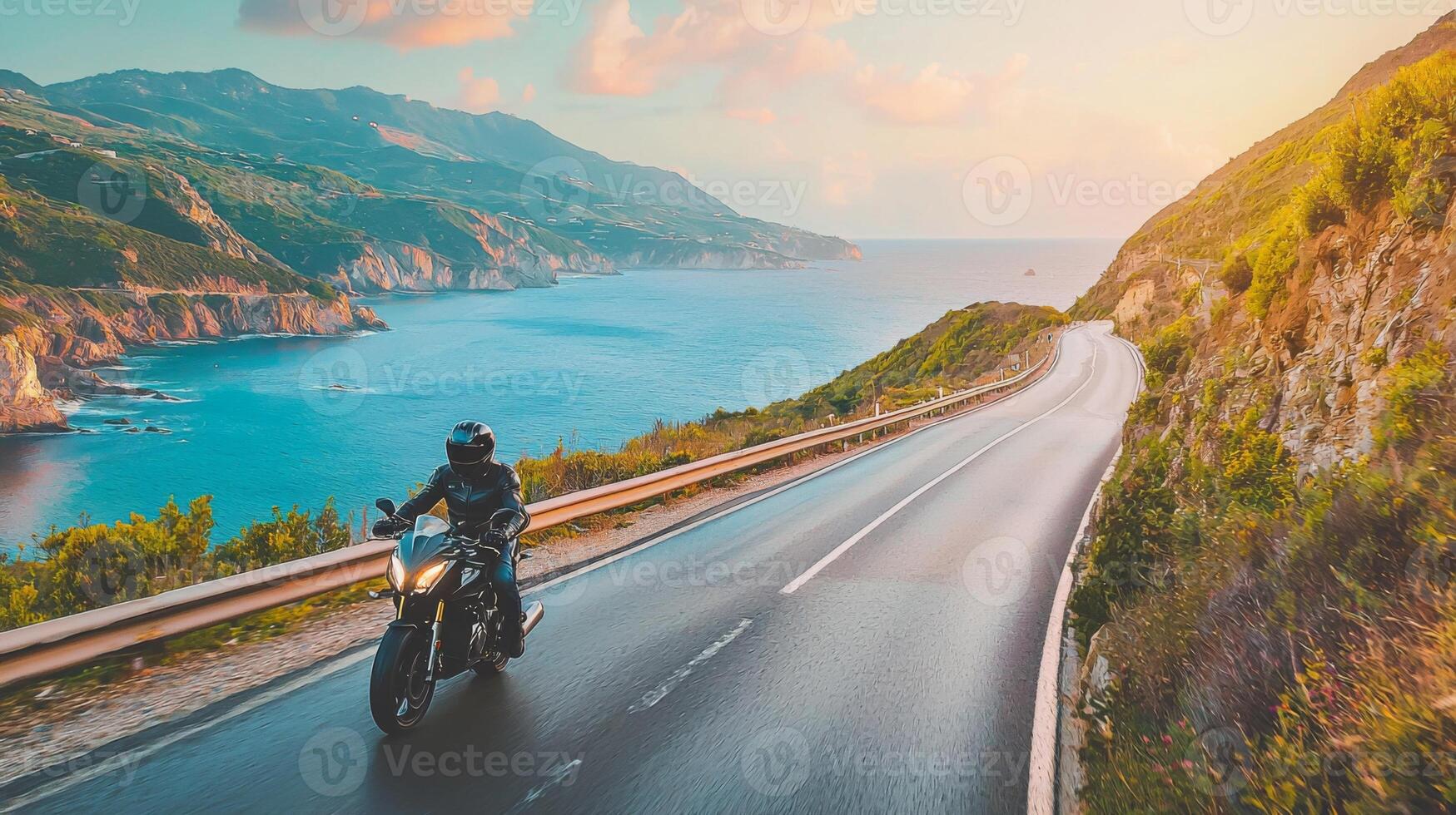 Motorcyclist cruising along coastal highway. A biker enjoying a solitary ride on a coastal road photo