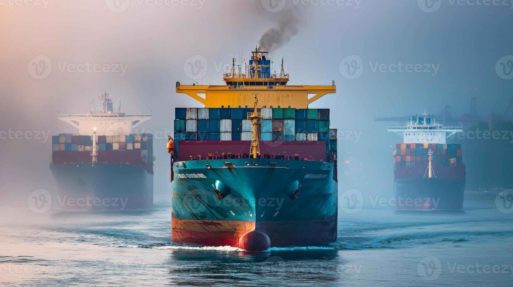 Aerial view cargo ships navigating through busy shipping channel. Global flow of goods and commerce photo