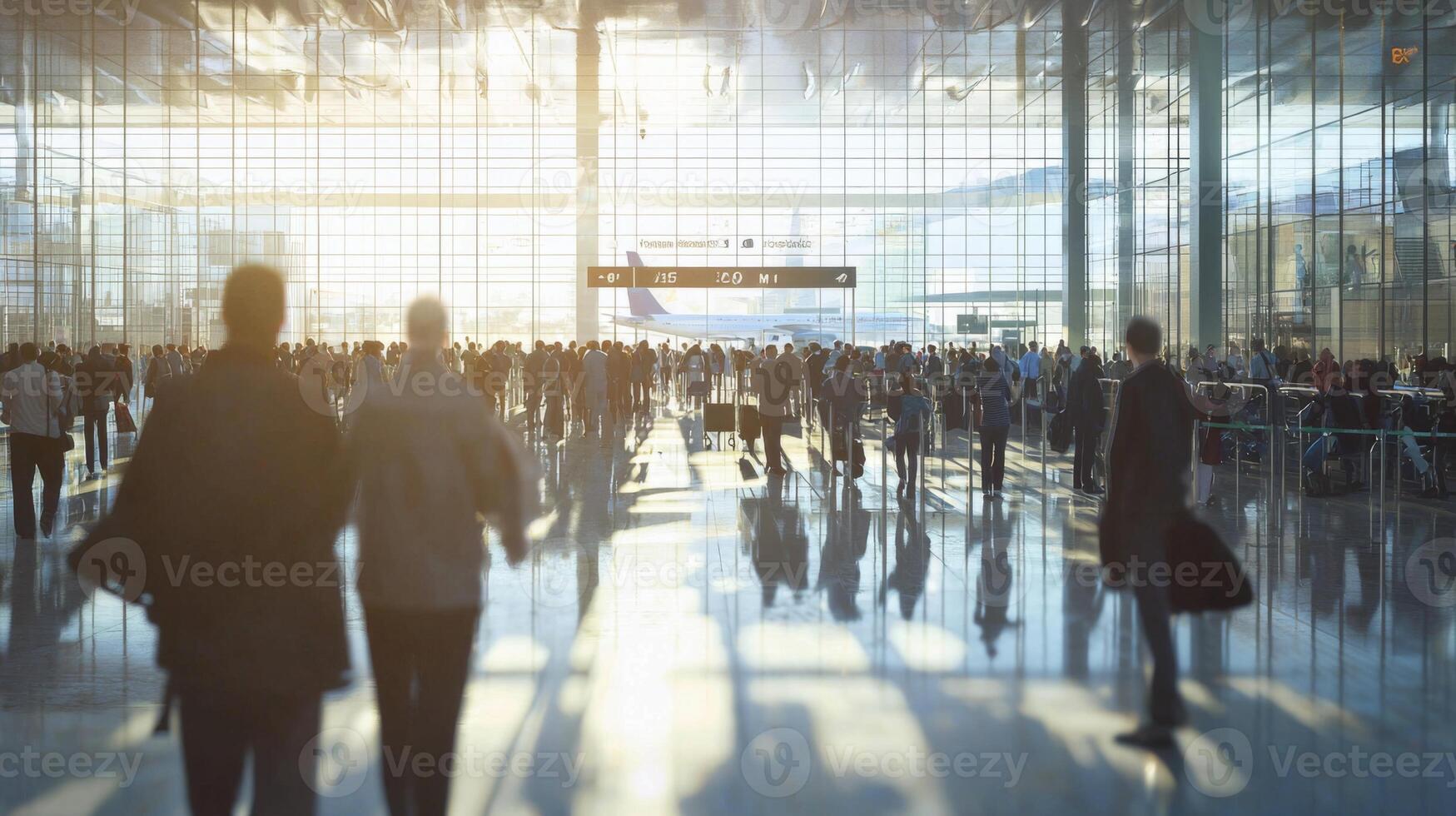 Crowd of travelers walking quickly through a busy airport terminal. A bustling airport terminal photo