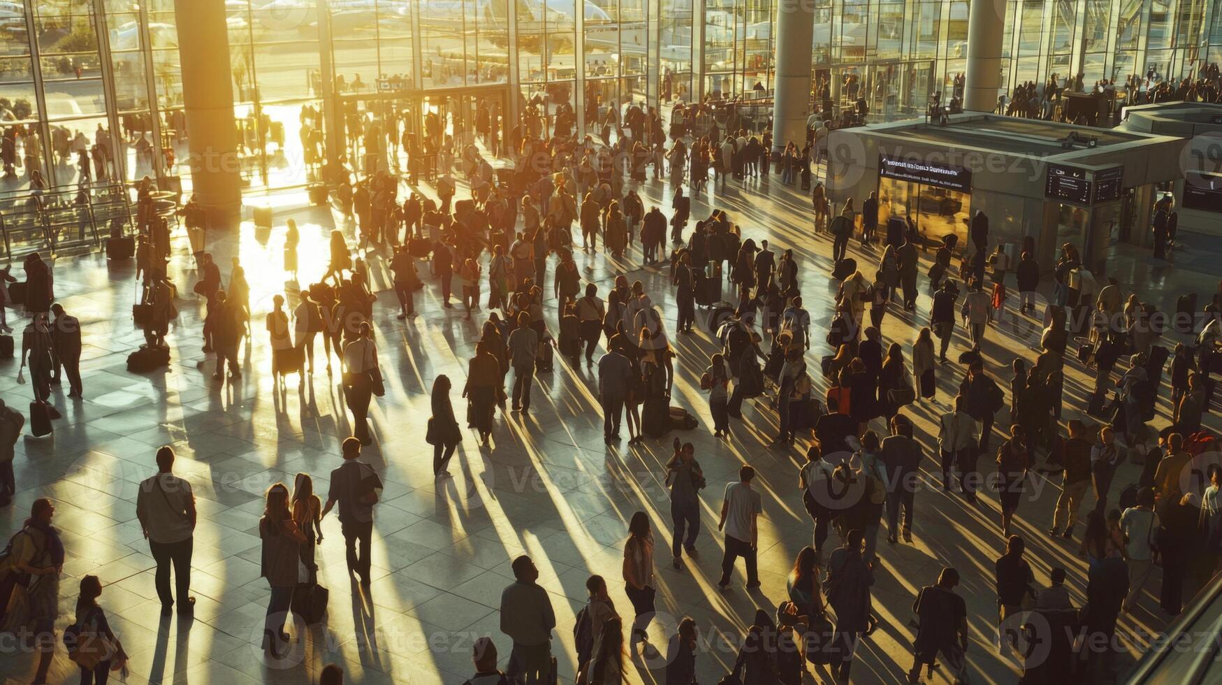 Crowd of travelers walking quickly through a busy airport terminal. A bustling airport terminal photo