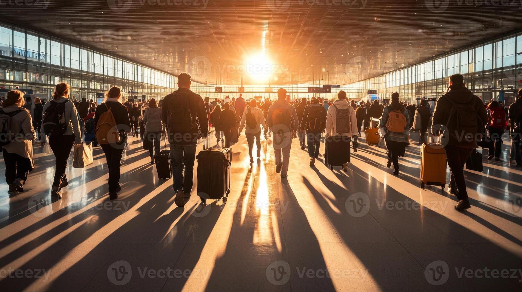 Crowd of travelers walking quickly through a busy airport terminal. A bustling airport terminal photo