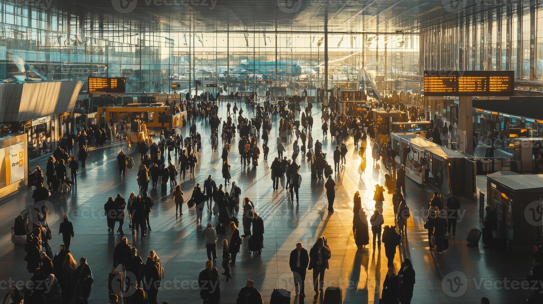 Crowd of travelers walking quickly through a busy airport terminal. A bustling airport terminal photo