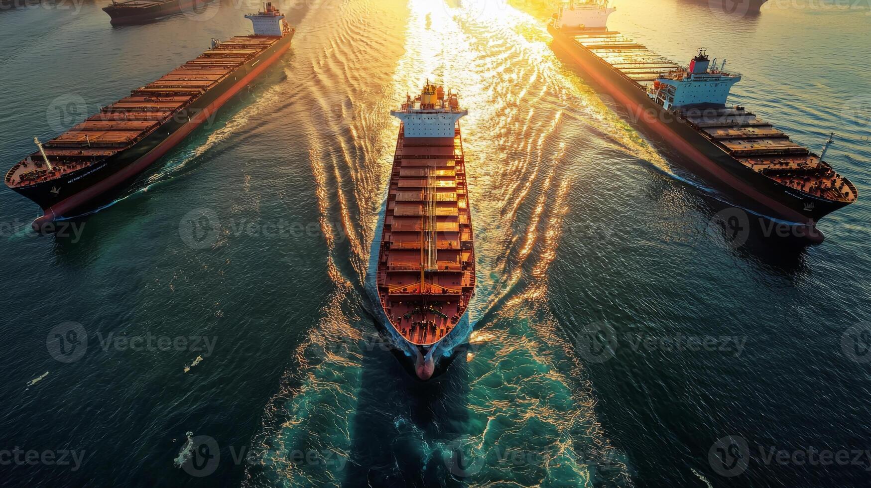 Aerial view cargo ships navigating through busy shipping channel. Global flow of goods and commerce photo
