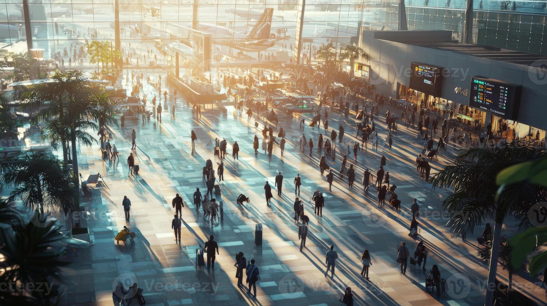 Crowd of travelers walking quickly through a busy airport terminal. A bustling airport terminal photo