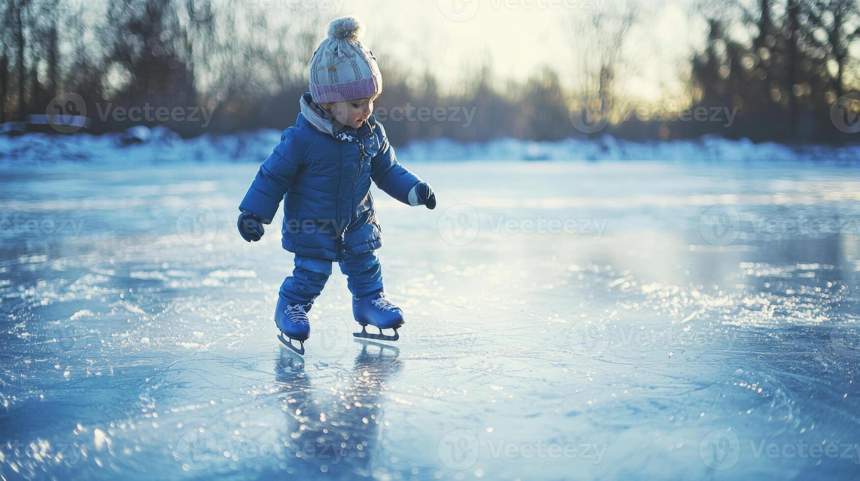 Child ice skating on frozen pond. Kid partaking in joyous winter activities on a frozen lake photo