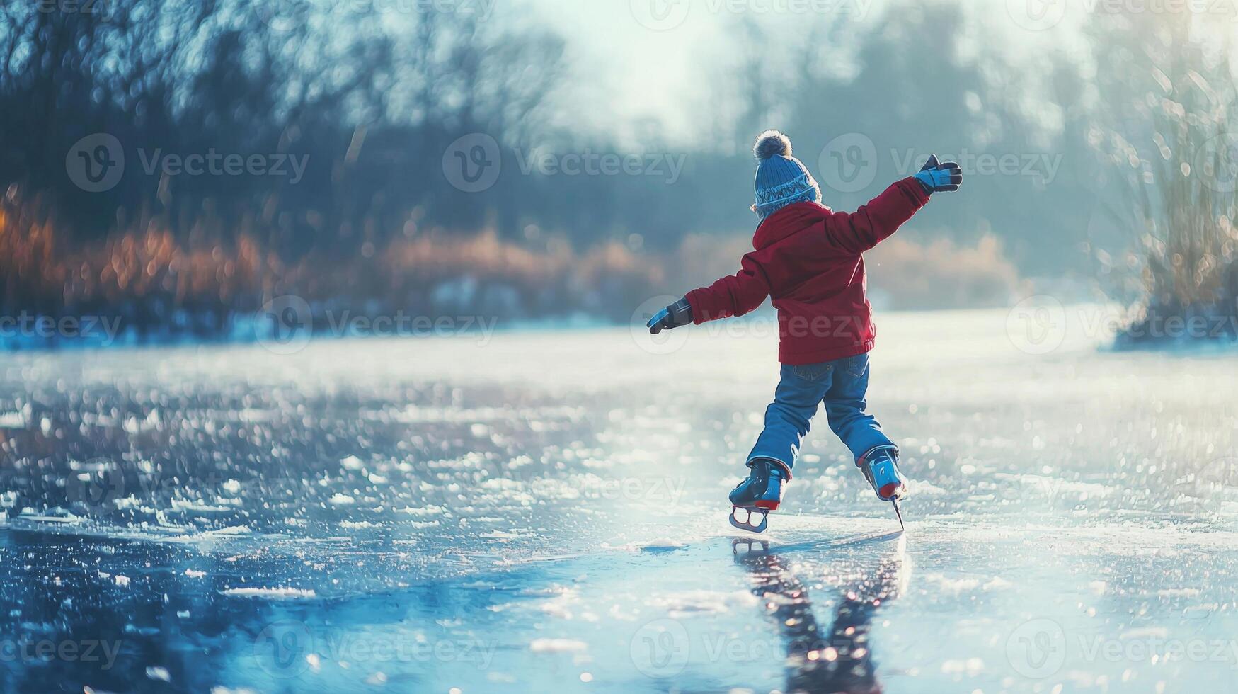 Child ice skating on frozen pond. Kid partaking in joyous winter activities on a frozen lake photo
