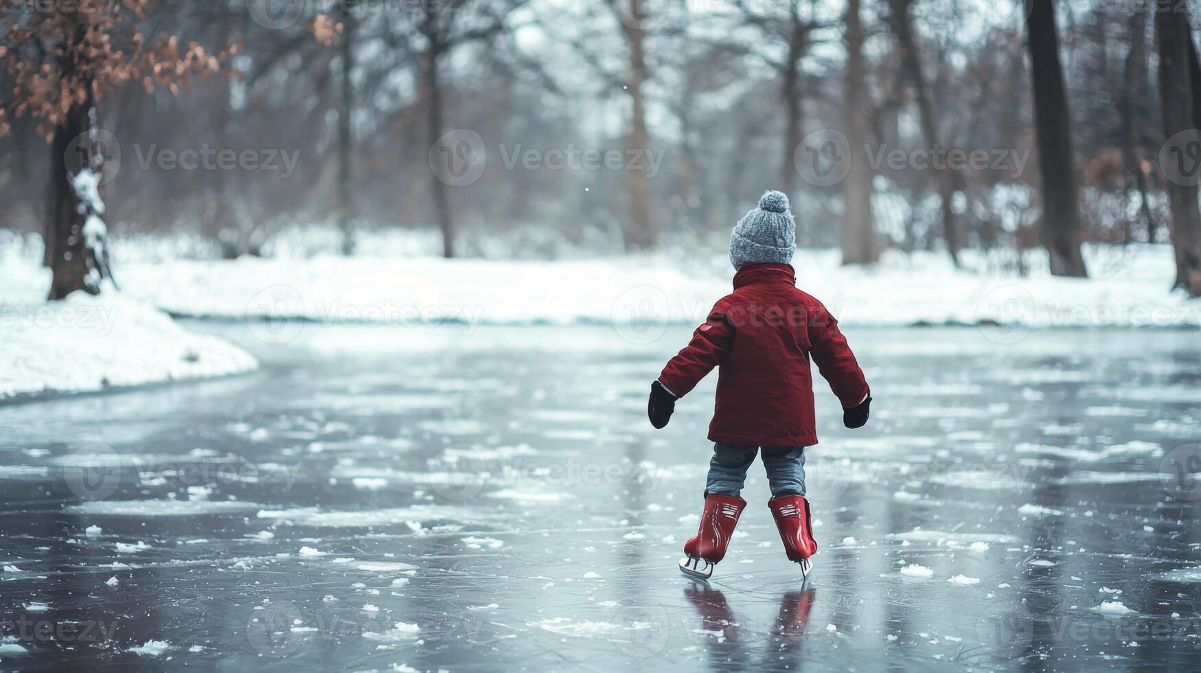 Child ice skating on frozen pond. Kid partaking in joyous winter activities on a frozen lake photo