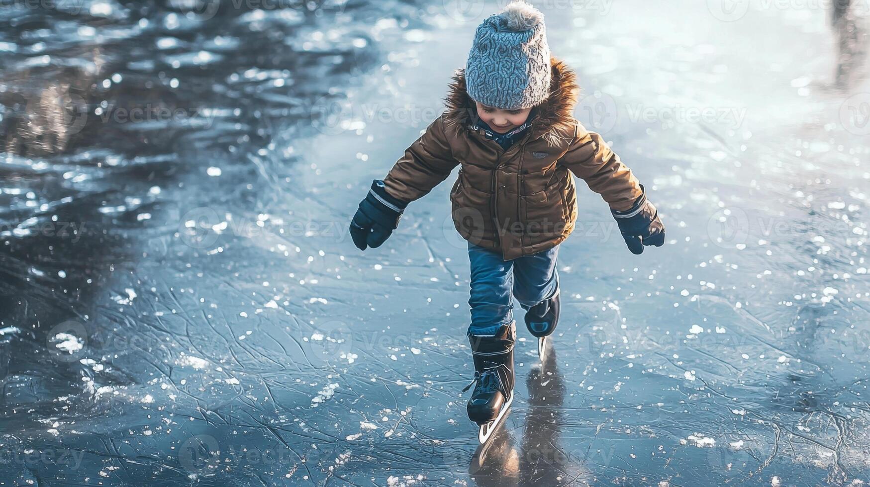Child ice skating on frozen pond. Kid partaking in joyous winter activities on a frozen lake photo