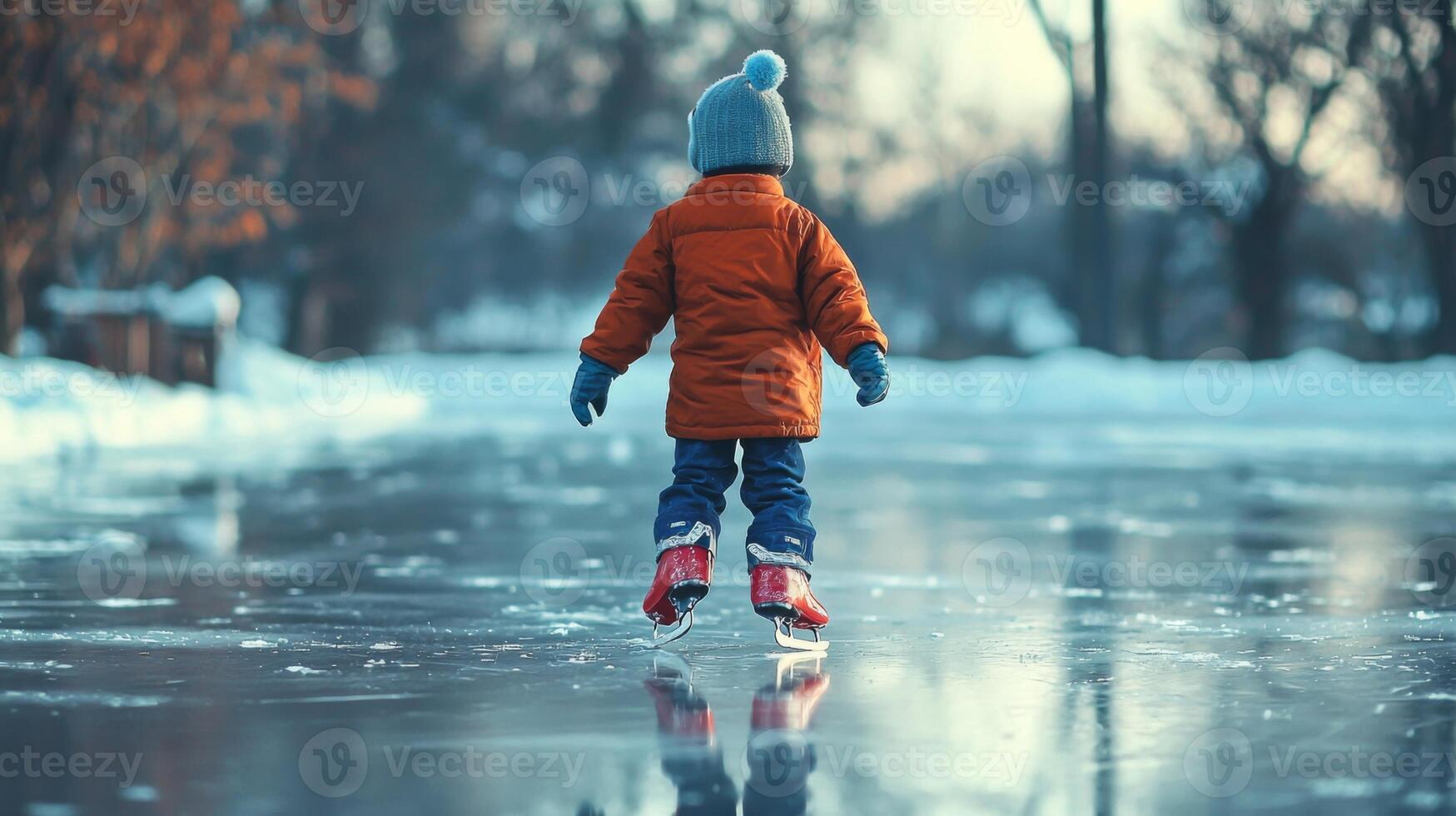 Child ice skating on frozen pond. Kid partaking in joyous winter activities on a frozen lake photo