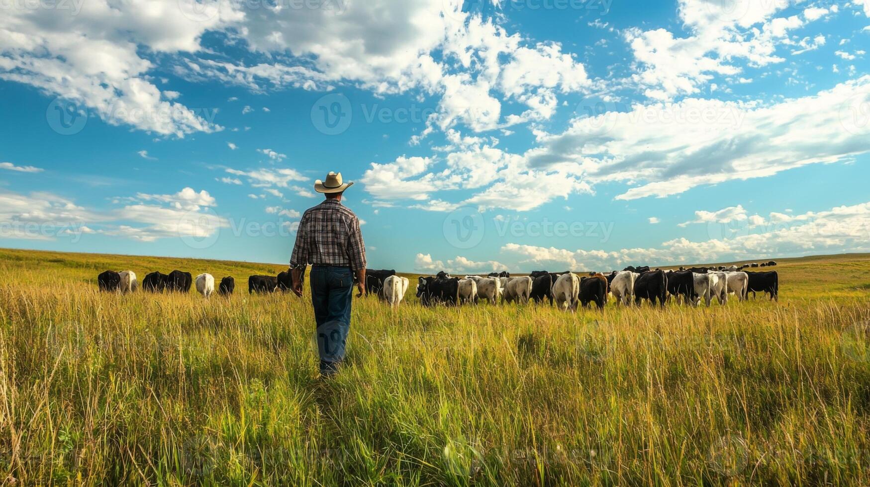 Farmer tending to livestock in open pasture. A shepherd tends his flock in the countryside photo