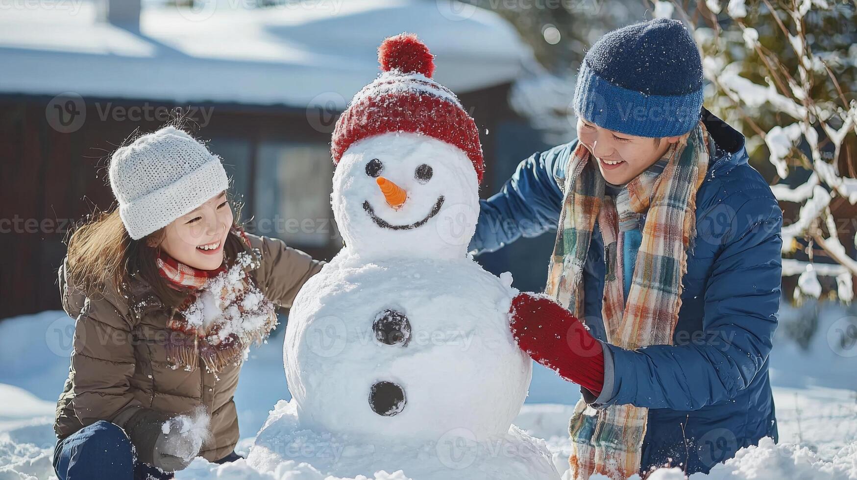 Happy family building snowman in a snowy backyard photo