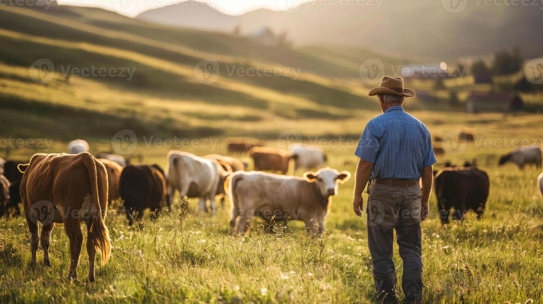 Farmer tending to livestock in open pasture. A shepherd tends his flock in the countryside photo