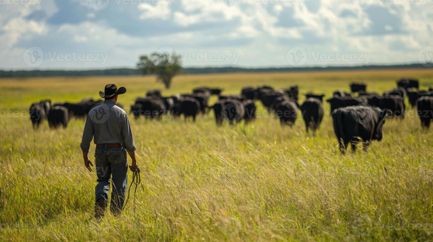 Farmer tending to livestock in open pasture. A shepherd tends his flock in the countryside photo