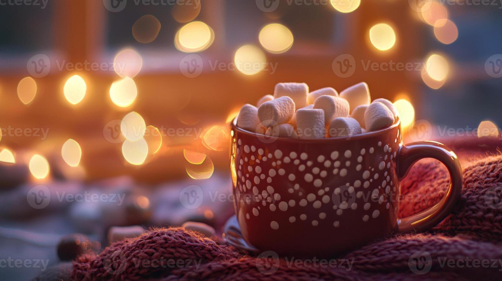 Cozy mug of hot cocoa with marshmallows and blurred christmas lights background photo