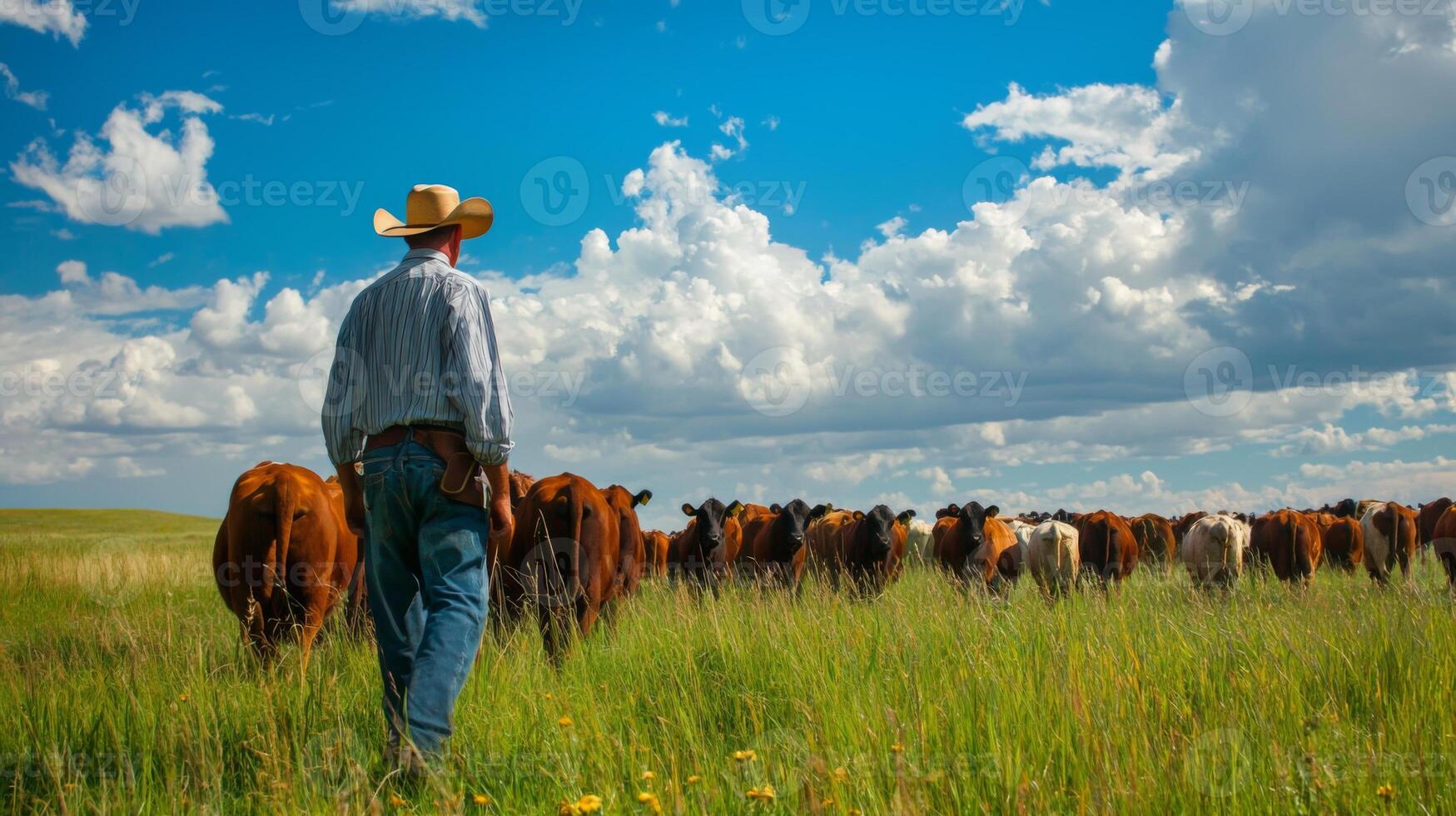 Farmer tending to livestock in open pasture. A shepherd tends his flock in the countryside photo