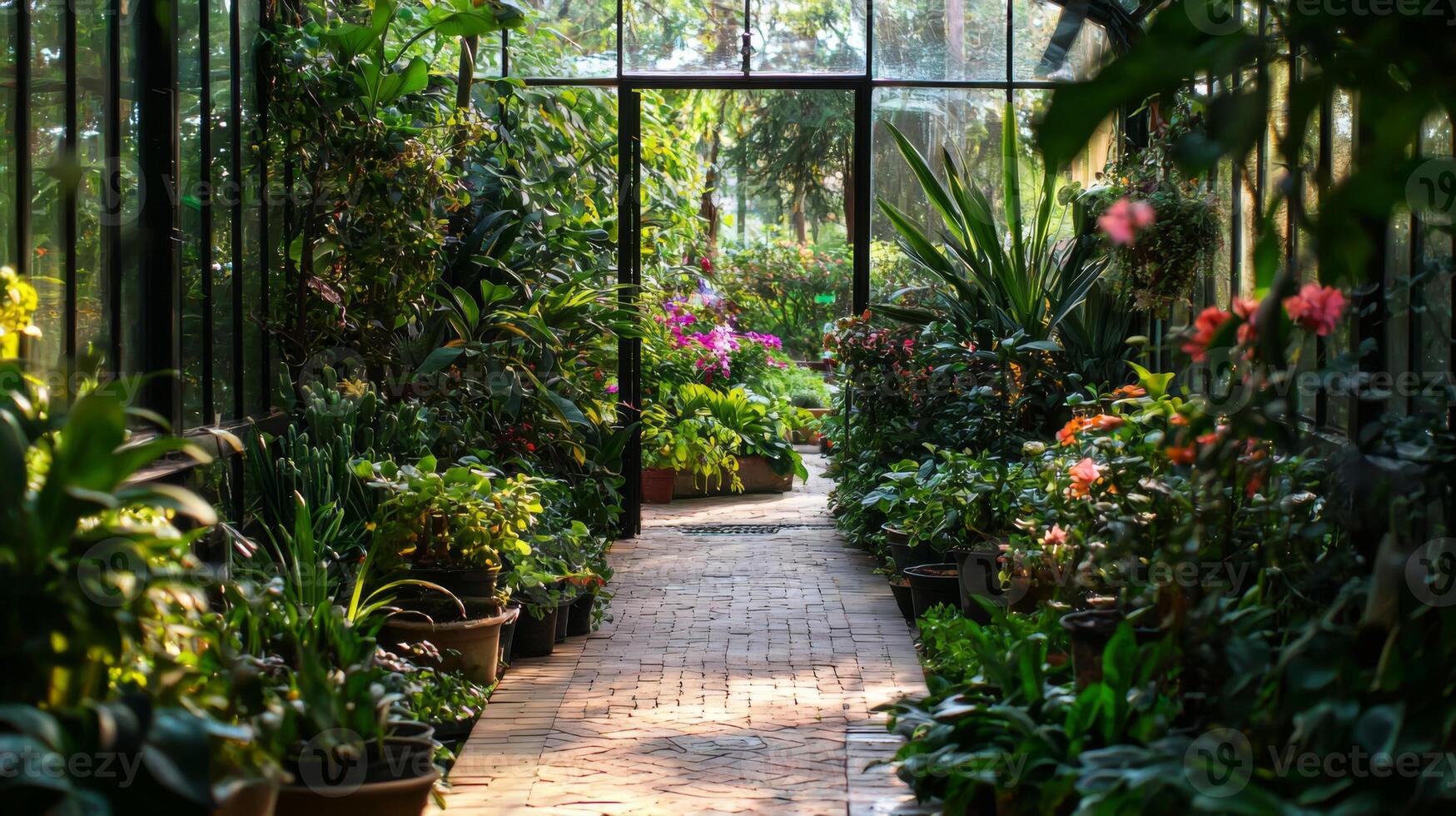 Greenhous filled with thriving plants, showcasing thriving growth and natural beauty photo