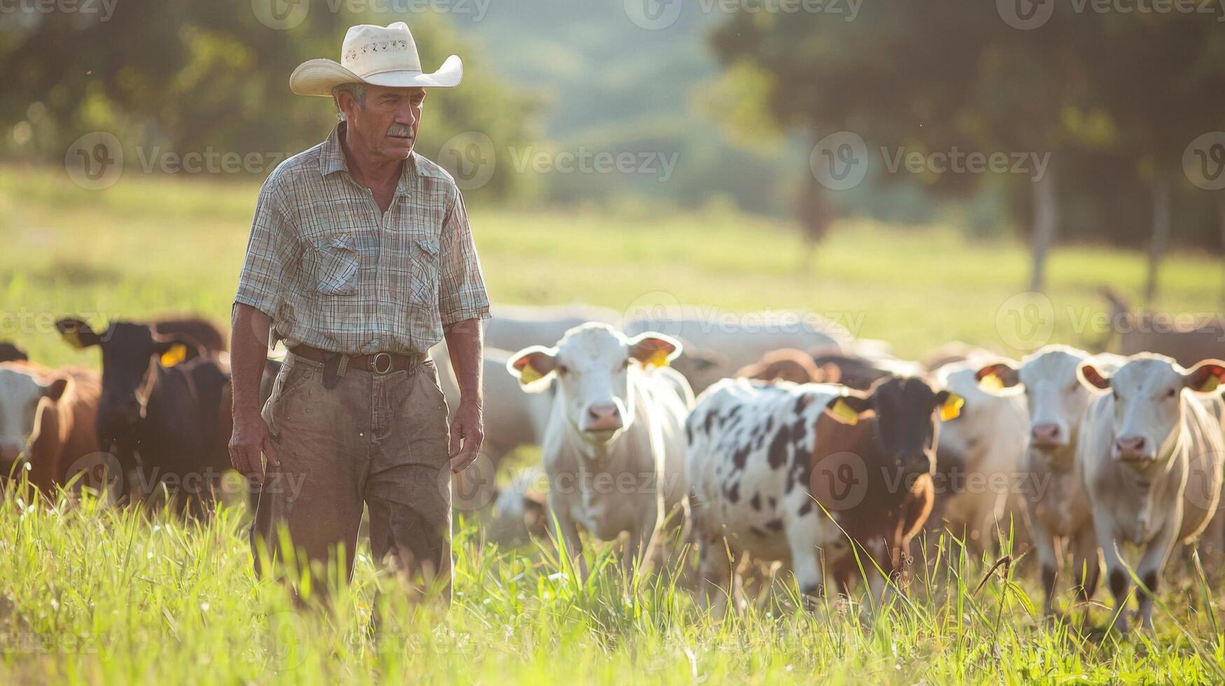 Farmer tending to livestock in open pasture. A shepherd tends his flock in the countryside photo