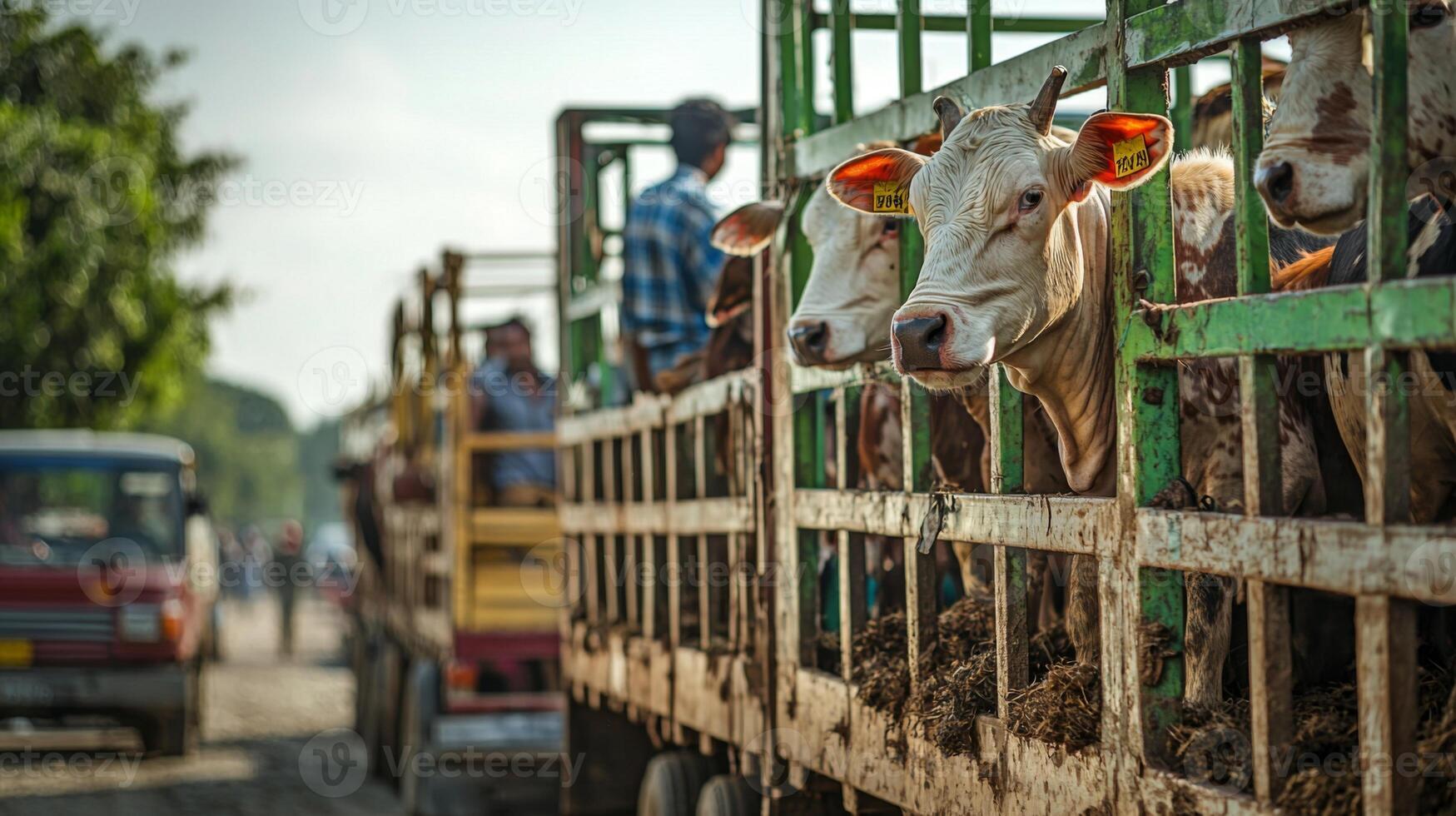 Livestock being loaded onto truck for transport. Livestock transport in a countryside setting photo